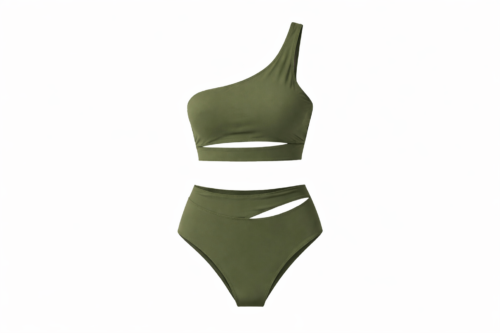 one shoulder green tie up high waisted