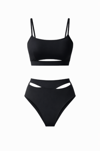 black solid bikini with highcut top
