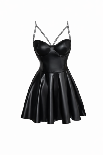 black pleather dress shiny straps